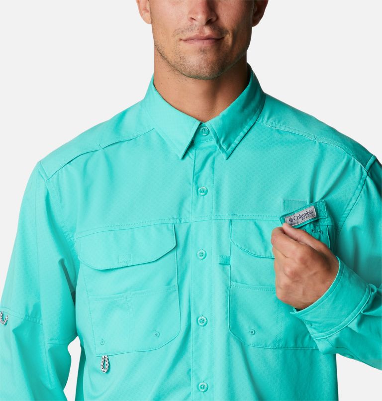 Thumbnail: Men's PFG Blood and Guts Zero Woven Long Sleeve Shirt, Color: Electric Turquoise, image 4