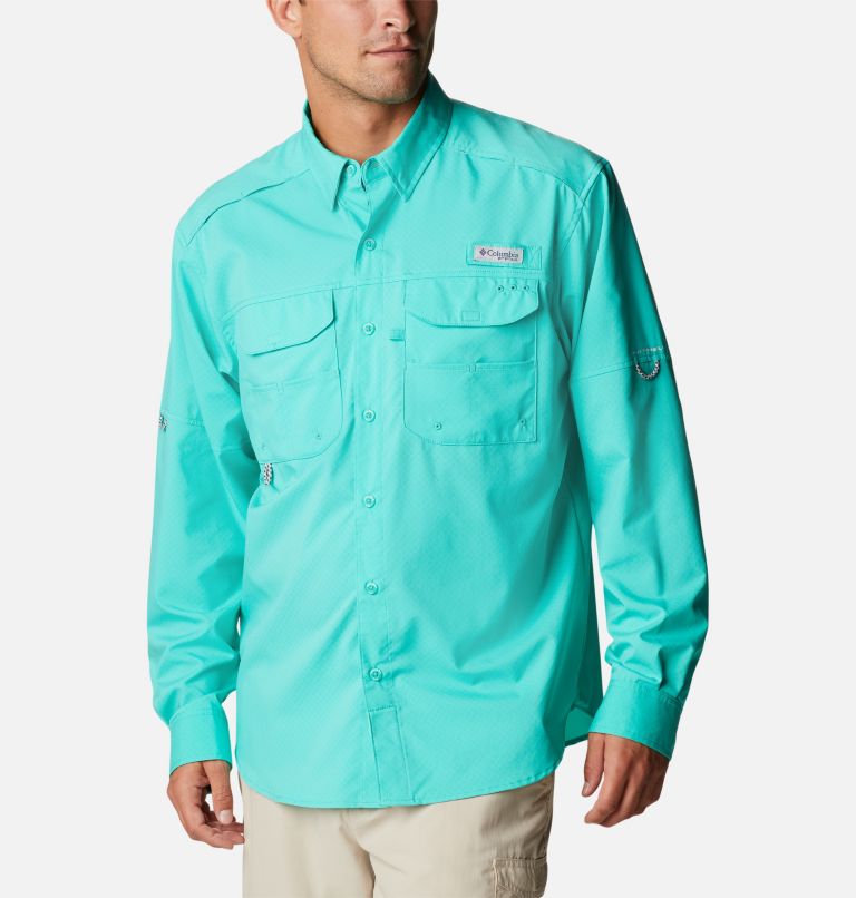 Thumbnail: Men's PFG Blood and Guts Zero Woven Long Sleeve Shirt, Color: Electric Turquoise, image 1