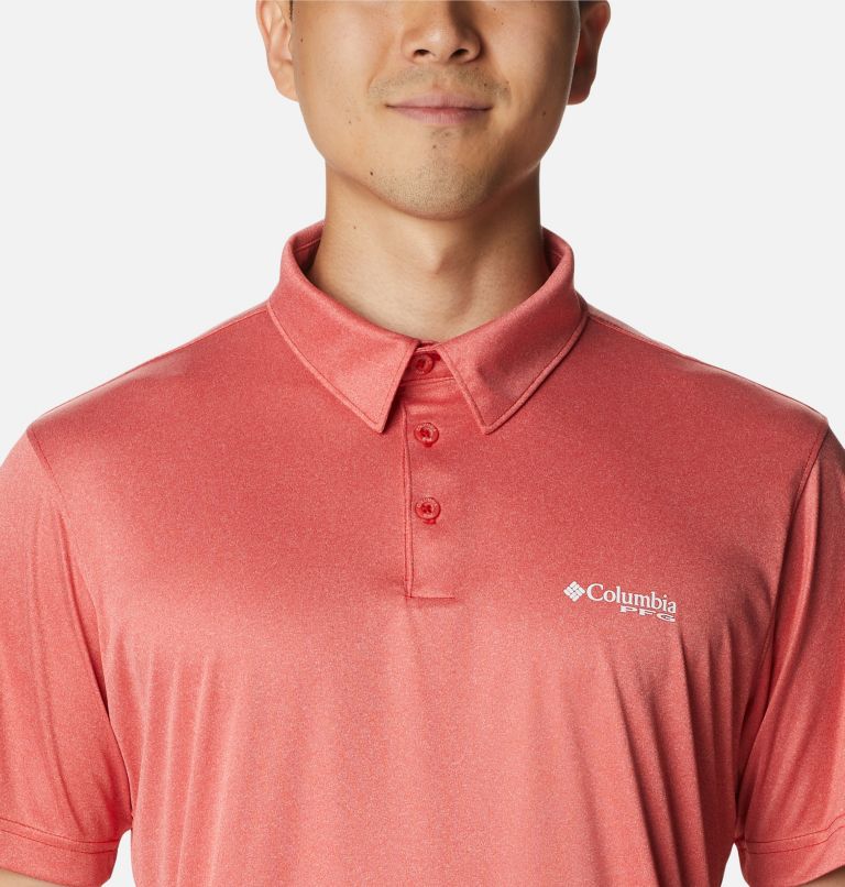 Thumbnail: Men's PFG Terminal Tackle Heather Polo, Color: Red Spark Heather, White Logo, image 4