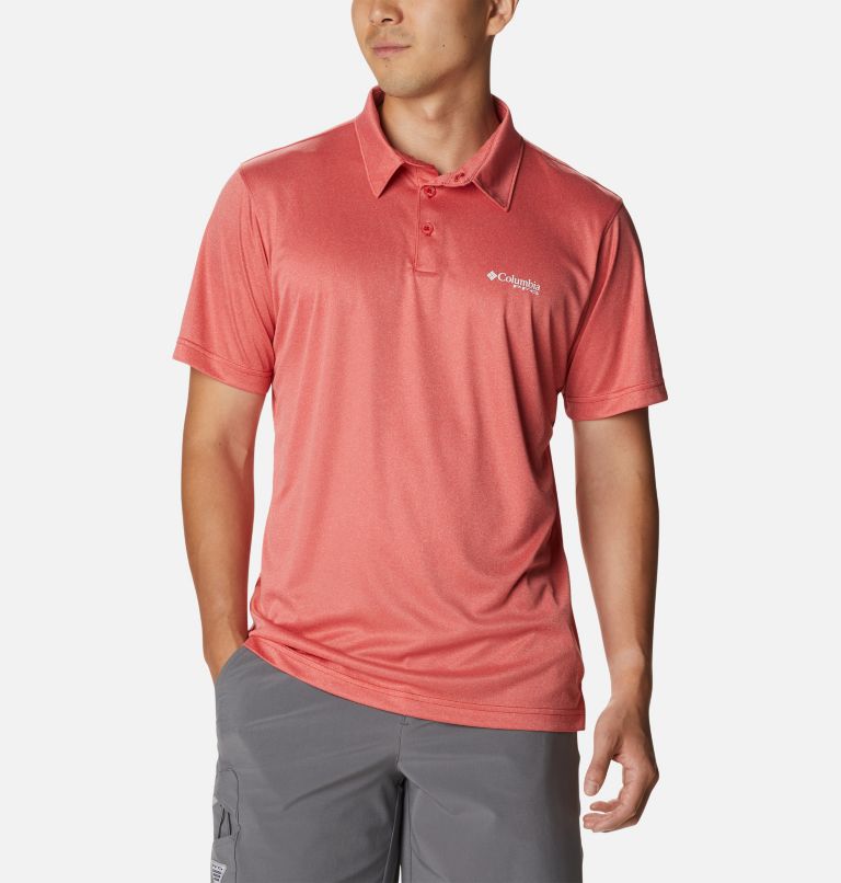 Men's PFG Terminal Tackle Heather Polo, Color: Red Spark Heather, White Logo
