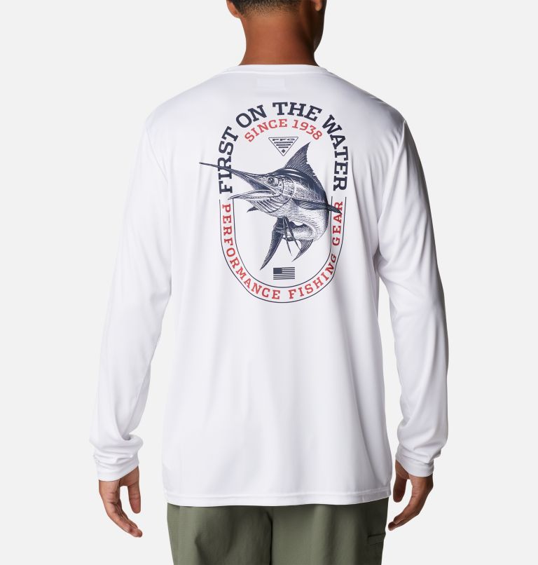 Men's PFG Terminal Tackle First On The Water Classic Long Sleeve Shirt, Color: White, Billfish