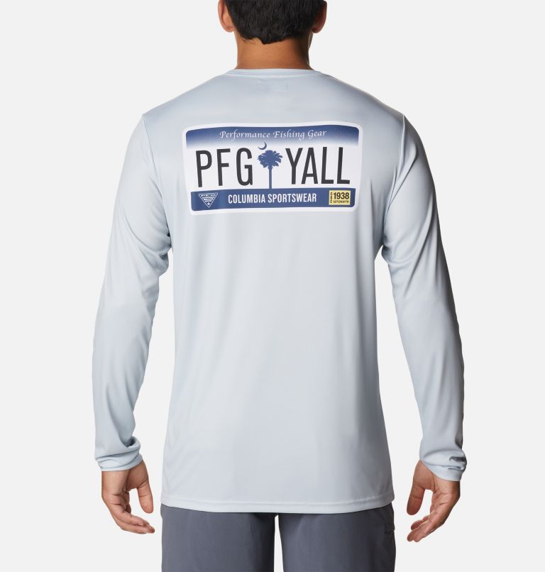 Thumbnail: Men's PFG Terminal Tackle License Plate Long Sleeve Shirt, Color: Cool Grey, South Carolina, image 1