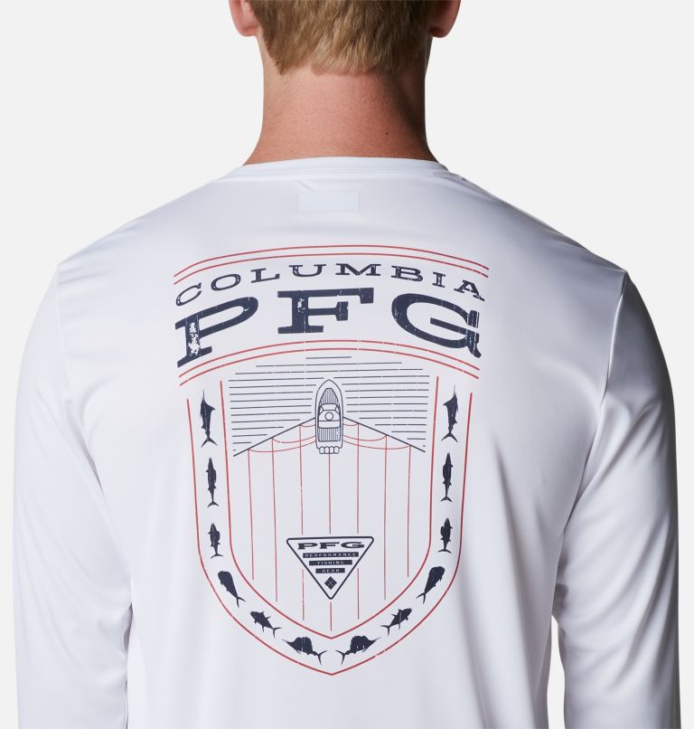 Men's PFG Terminal Tackle Americana Badge Long Sleeve Shirt, Color: White, Saltwater