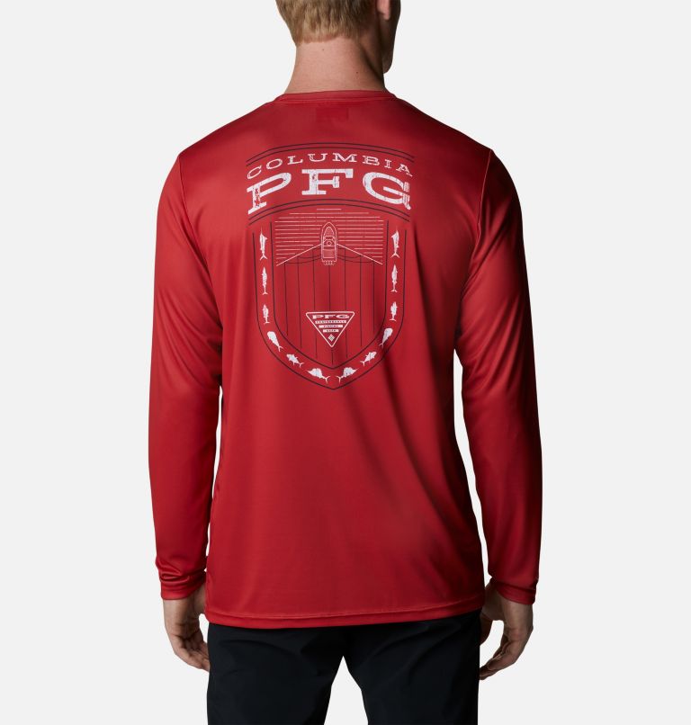 Thumbnail: Men's PFG Terminal Tackle Americana Badge Long Sleeve Shirt, Color: Red Spark, Saltwater, image 1
