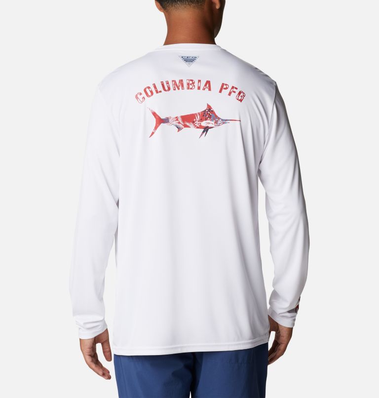Men's PFG Terminal Tackle Fish Fill Long Sleeve Shirt, Color: White, Marlin Fireworks Print