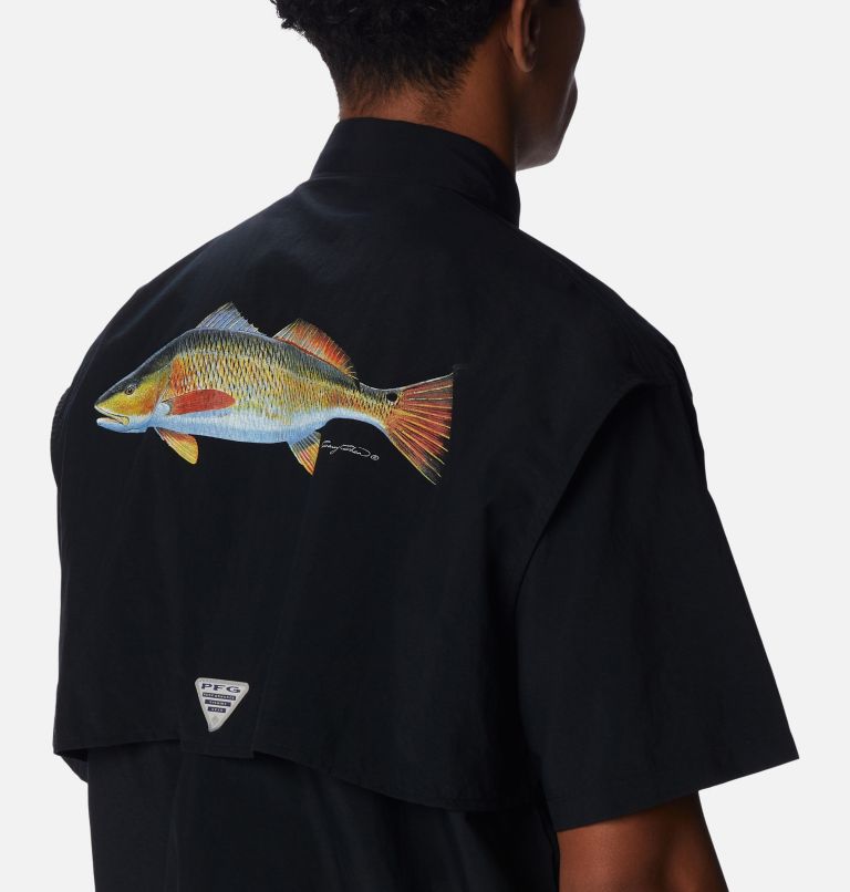 Thumbnail: Men's PFG Bahama Icon Short Sleeve Shirt, Color: Black Carey Chen Redfish, image 5