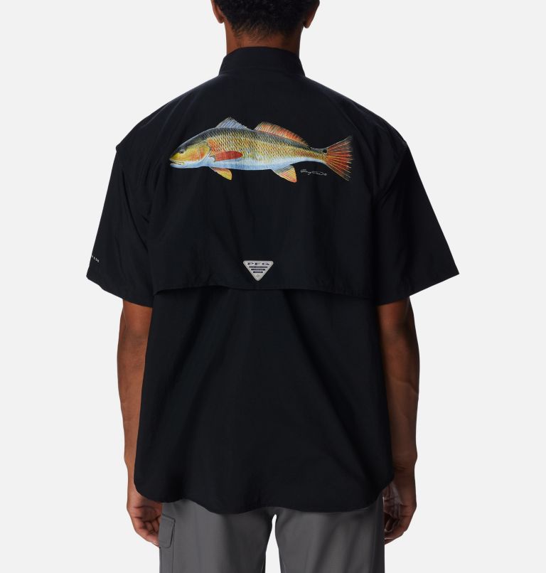 Men's PFG Bahama Icon Short Sleeve Shirt, Color: Black Carey Chen Redfish, image 2