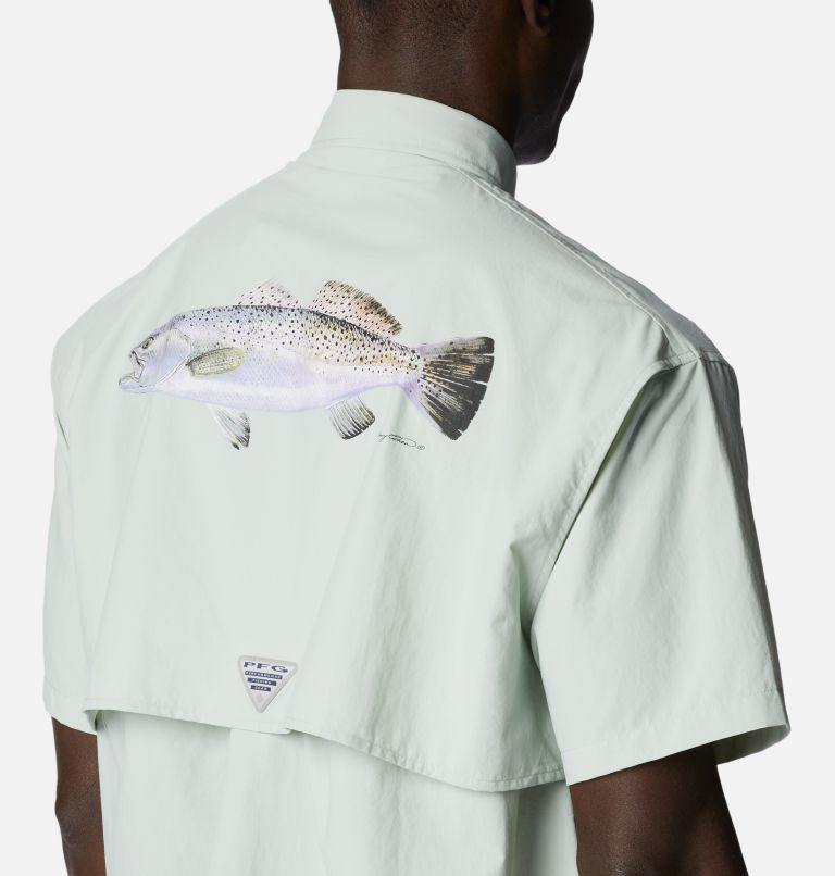 Thumbnail: Men's PFG Bahama Icon Short Sleeve Shirt, Color: Cool Green Carey Chen Trout, image 5