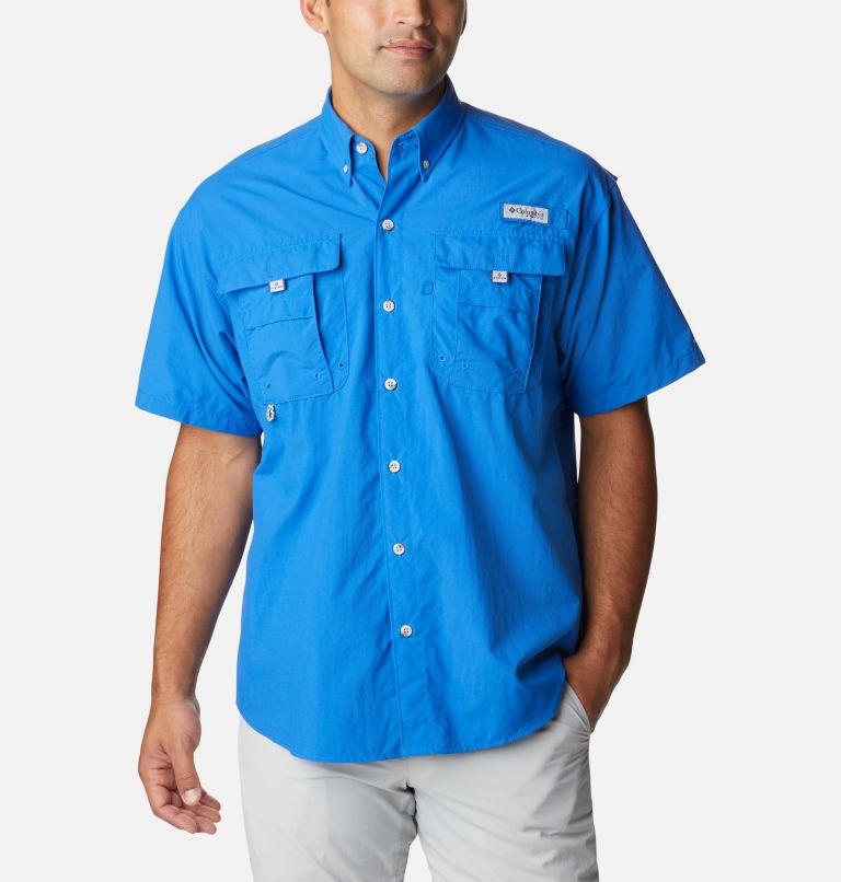 Men's PFG Bahama Icon Short Sleeve Shirt, Color: Vivid Blue, Sailfish