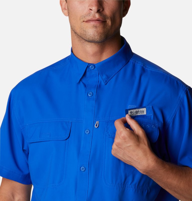 Men's PFG Skiff Guide Woven Short Sleeve Shirt, Color: Blue Macaw
