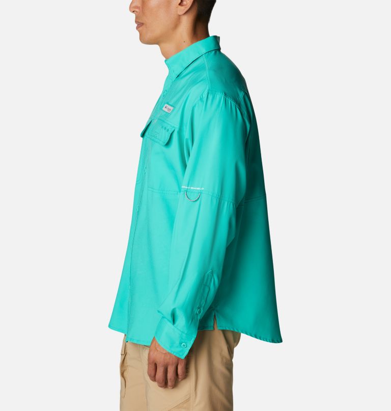 Men's PFG Skiff Guide Woven Long Sleeve Shirt, Color: Electric Turquoise, image 3