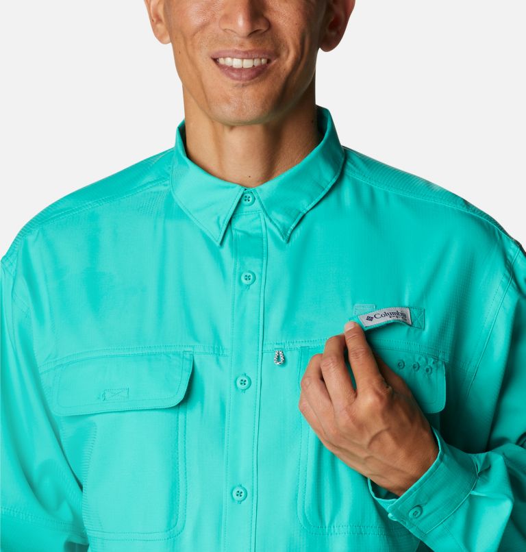 Men's PFG Skiff Guide Woven Long Sleeve Shirt, Color: Electric Turquoise, image 4