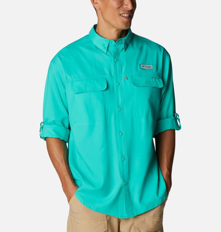 Men's PFG Skiff Guide Woven Long Sleeve Shirt, Color: Electric Turquoise