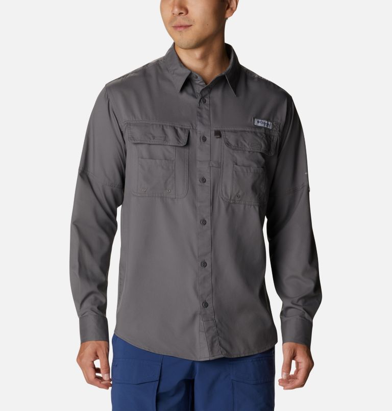 Men's PFG Drift Guide Woven Long Sleeve Shirt, Color: City Grey, image 1