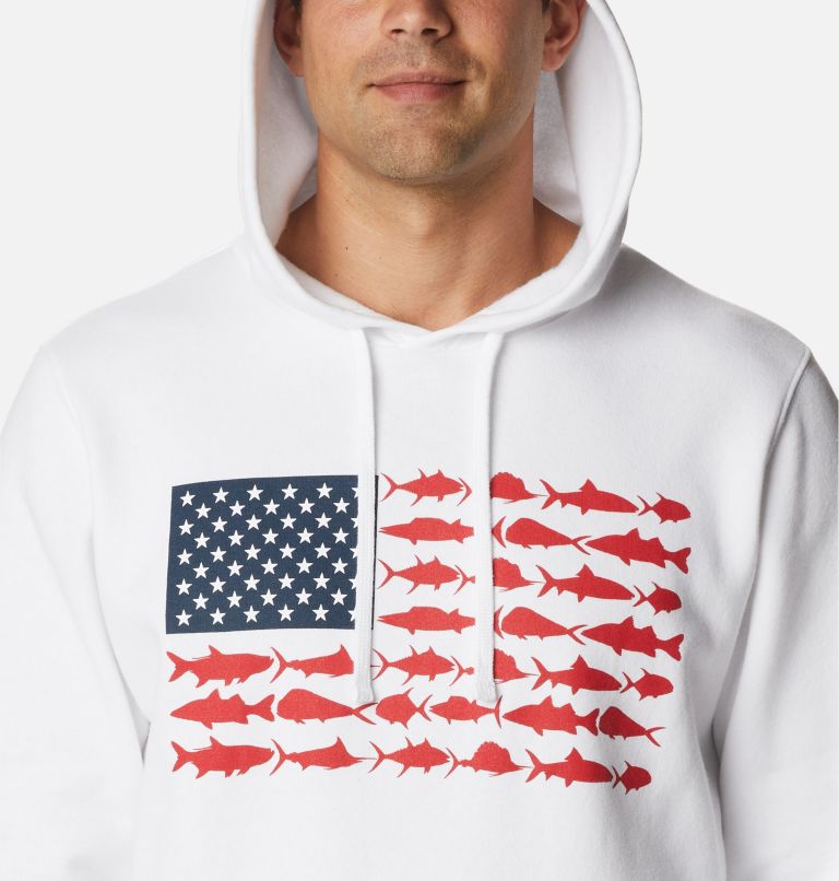 Men's PFG Fish Flag II Hoodie, Color: White, Red Spark USA, image 4