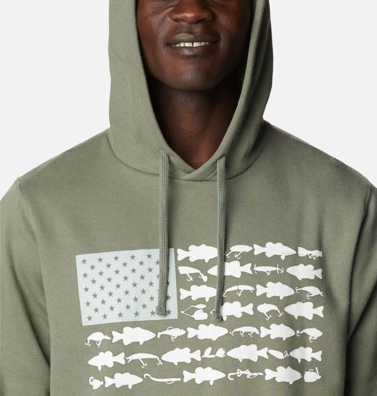 Men's PFG Fish Flag II Hoodie - Tall, Color: Cypress, White Bass Lures, image 4