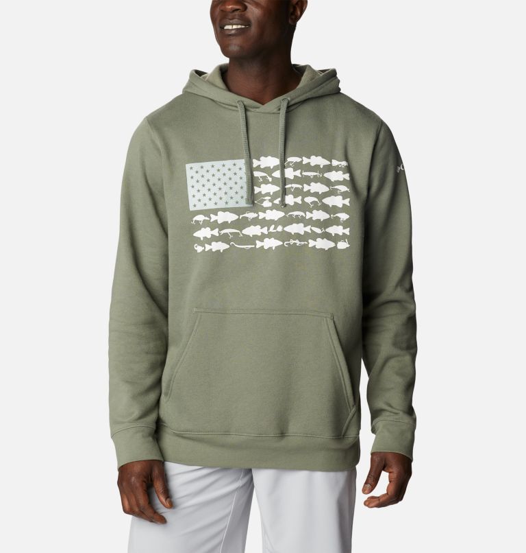 Men's PFG Fish Flag II Hoodie - Tall, Color: Cypress, White Bass Lures, image 1