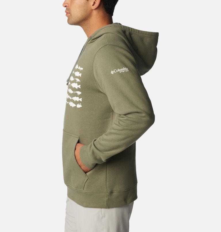 Men's PFG Fish Flag II Hoodie, Color: Cypress, Cool Grey Bass Lures, image 3