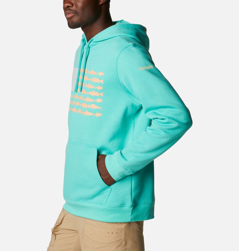 Men's PFG Fish Flag II Hoodie, Color: Electric Turquoise, Bright Nectar USA, image 3