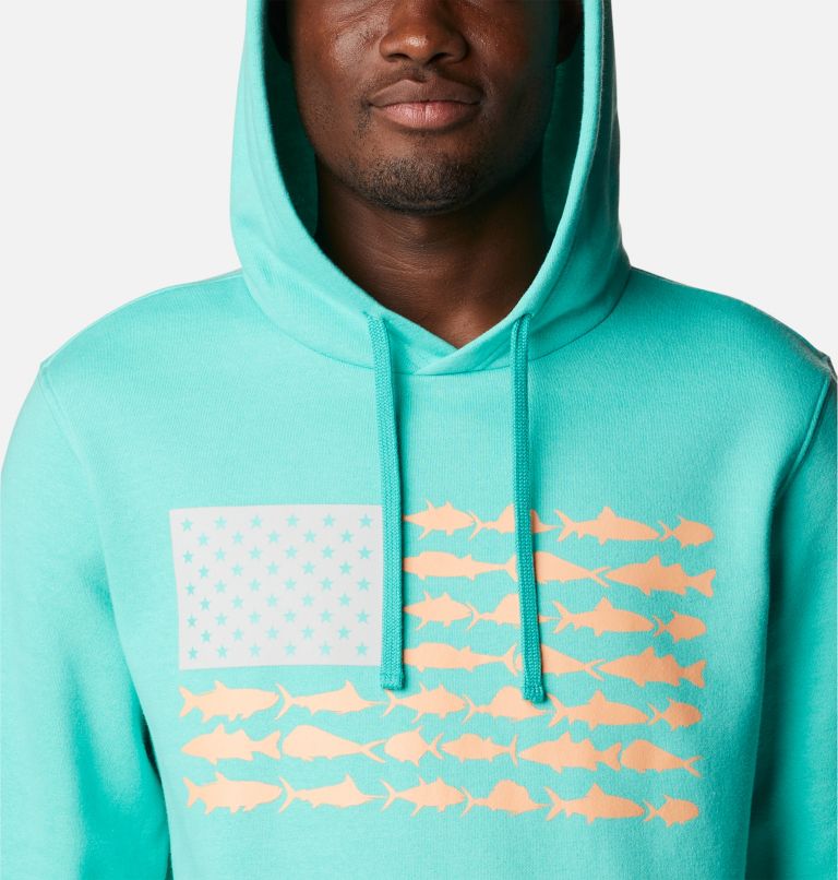 Thumbnail: Men's PFG Fish Flag II Hoodie, Color: Electric Turquoise, Bright Nectar USA, image 4