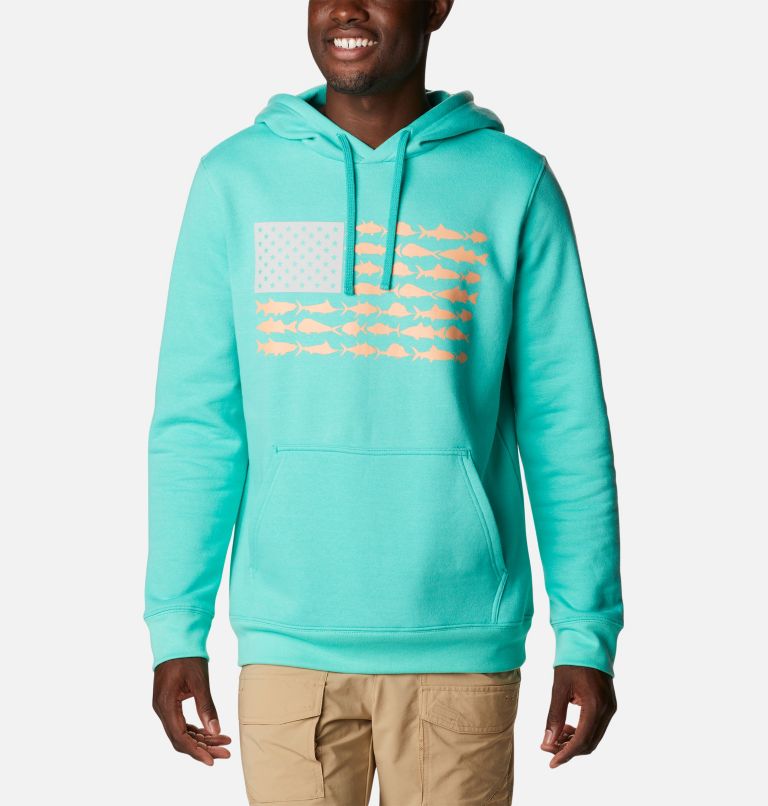 Thumbnail: Men's PFG Fish Flag II Hoodie, Color: Electric Turquoise, Bright Nectar USA, image 1