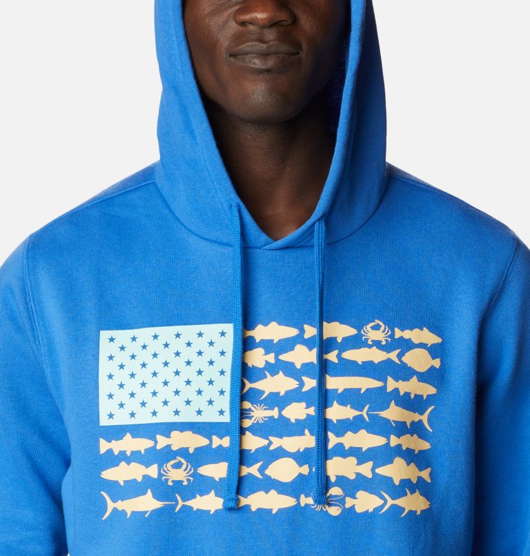 Thumbnail: Men's PFG Fish Flag II Hoodie - Tall, Color: Vivid Blue, Cocoa Butter Mid Atlantic, image 4