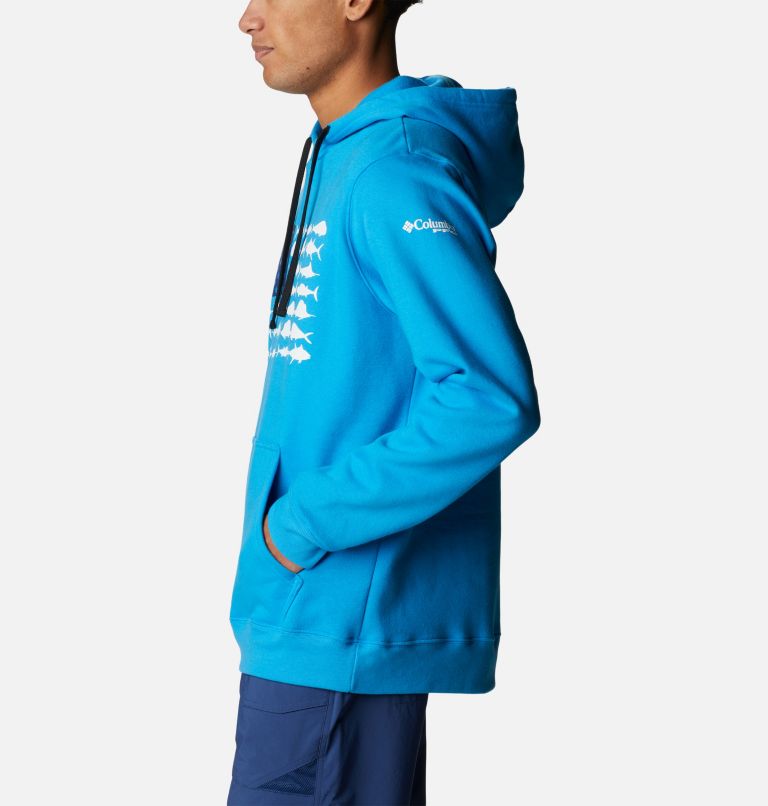 Thumbnail: Men's PFG Fish Flag II Hoodie, Color: Compass Blue, White Offshore Fish, image 3
