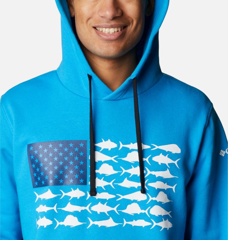 Thumbnail: Men's PFG Fish Flag II Hoodie, Color: Compass Blue, White Offshore Fish, image 4