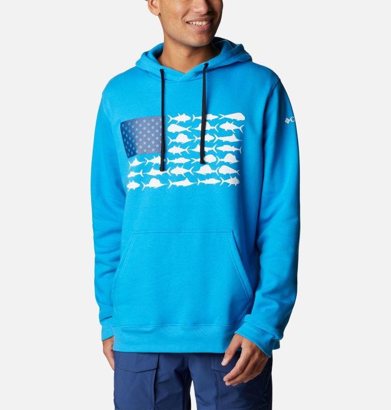 Men's PFG Fish Flag II Hoodie, Color: Compass Blue, White Offshore Fish, image 1