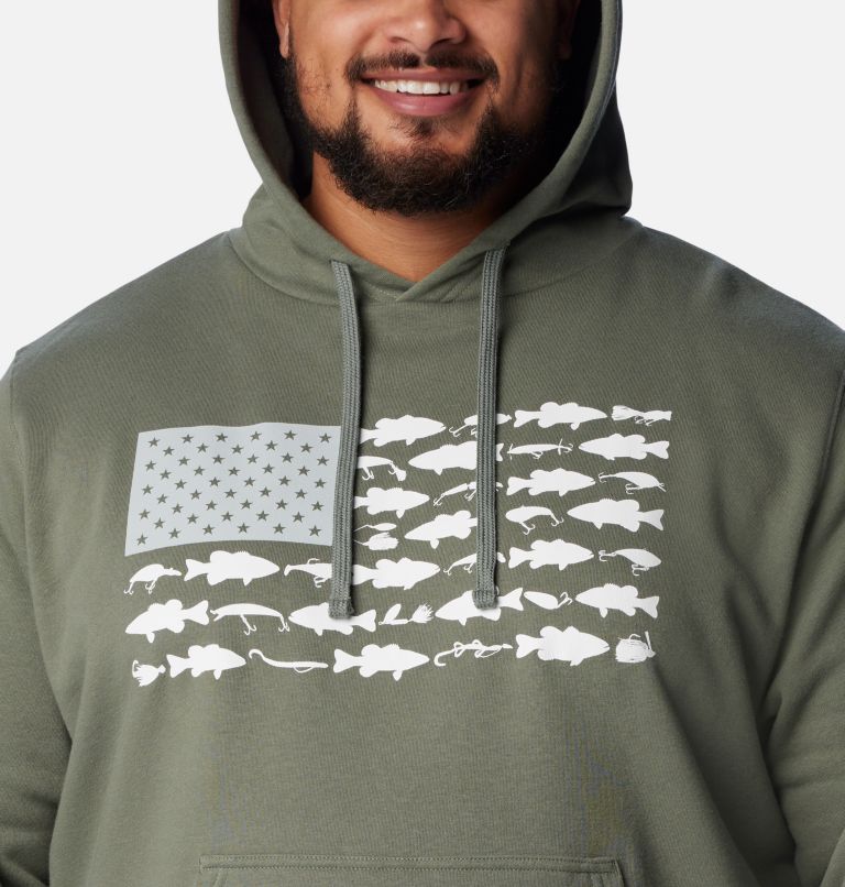 Men's PFG Fish Flag II Hoodie - Big, Color: Cypress, Cool Grey Bass Lures, image 4