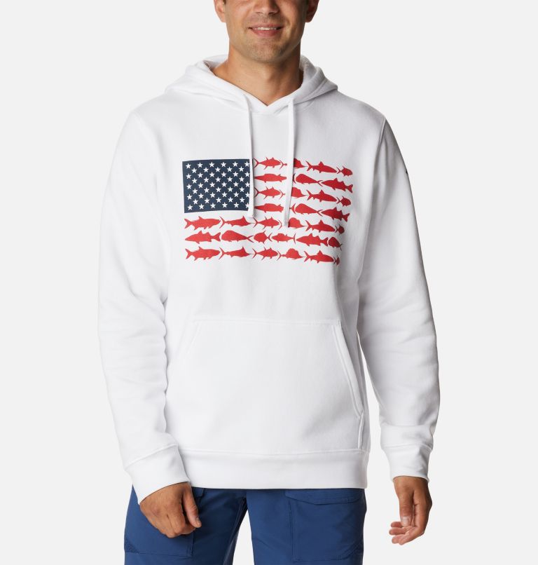 Men's PFG Fish Flag II Hoodie - Tall, Color: White, Red Spark USA, image 1