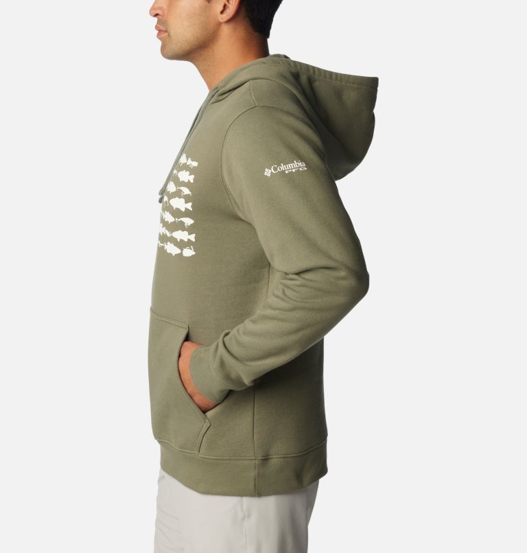 Men's PFG Fish Flag II Hoodie - Tall, Color: Cypress, Cool Grey Bass Lures, image 3