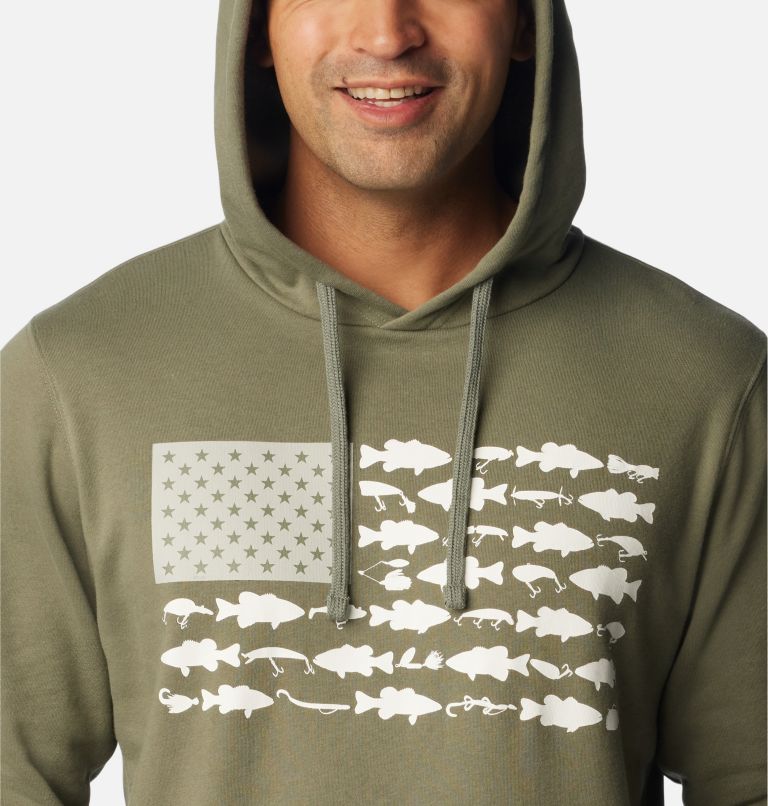 Men's PFG Fish Flag II Hoodie - Tall, Color: Cypress, Cool Grey Bass Lures, image 4