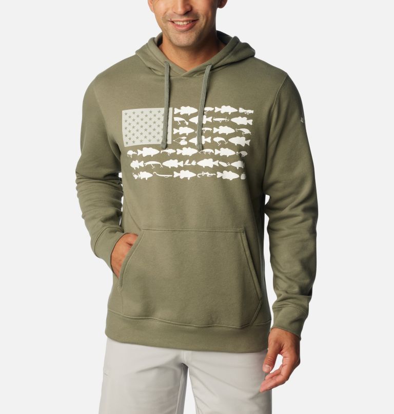 Men's PFG Fish Flag II Hoodie - Tall, Color: Cypress, Cool Grey Bass Lures, image 1