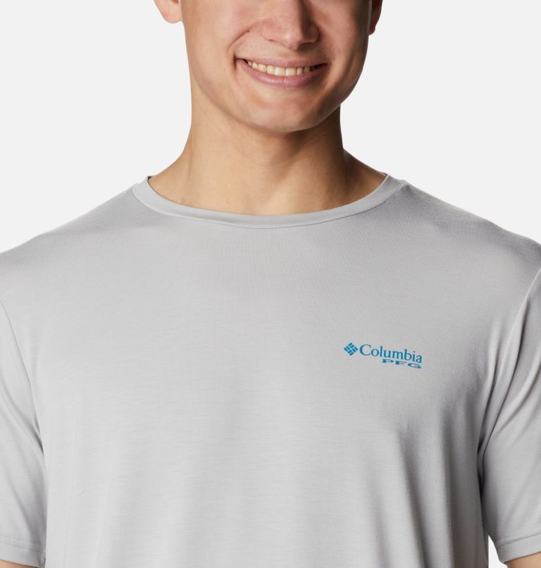 Men's PFG Fish Flag Tech Short Sleeve Shirt, Color: Cool Grey, Laser Lemon Gradient, image 4