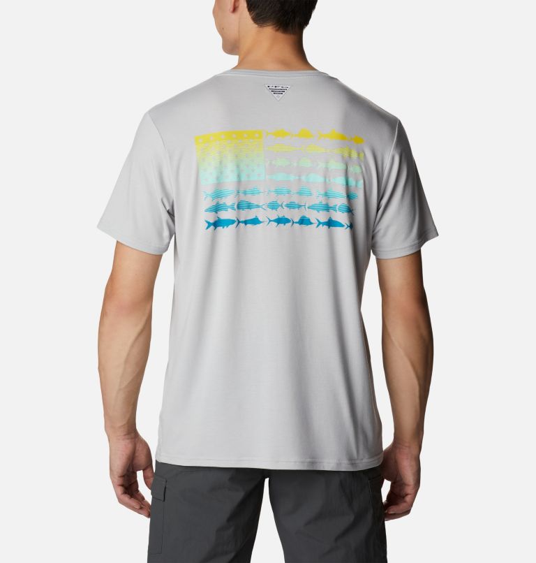 Thumbnail: Men's PFG Fish Flag Tech Short Sleeve Shirt, Color: Cool Grey, Laser Lemon Gradient, image 2