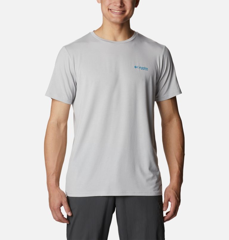 Men's PFG Fish Flag Tech Short Sleeve Shirt, Color: Cool Grey, Laser Lemon Gradient, image 1