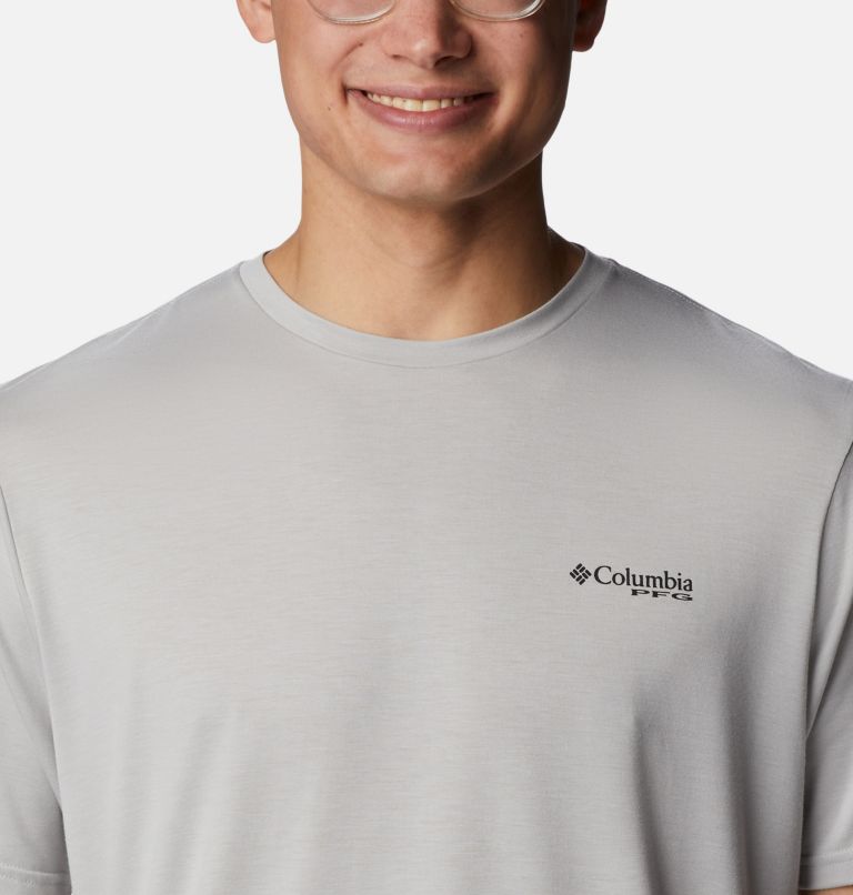 Men's PFG Fish Flag Tech Short Sleeve Shirt, Color: Cool Grey, Black Gradient Graphic, image 4