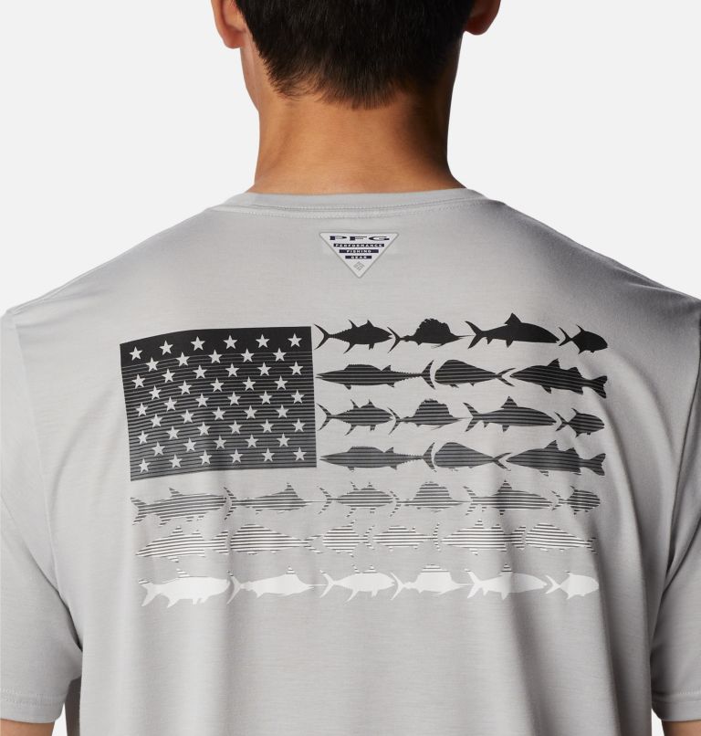 Thumbnail: Men's PFG Fish Flag Tech Short Sleeve Shirt, Color: Cool Grey, Black Gradient Graphic, image 5
