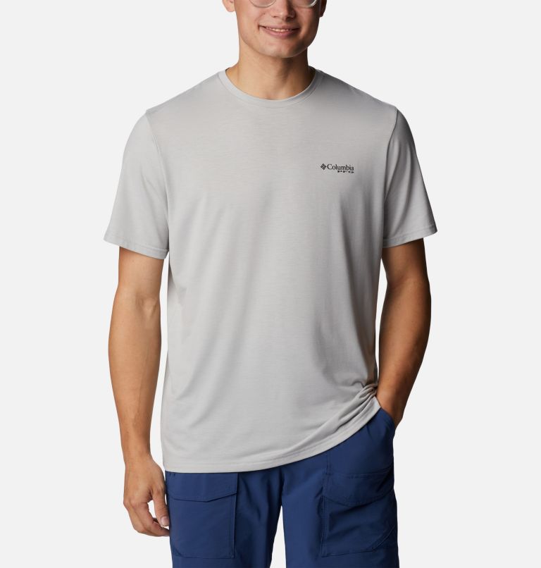 Men's PFG Fish Flag Tech Short Sleeve Shirt, Color: Cool Grey, Black Gradient Graphic, image 2