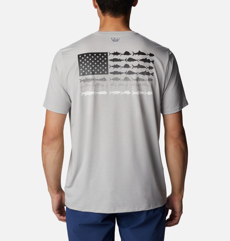 Men's PFG Fish Flag Tech Short Sleeve Shirt, Color: Cool Grey, Black Gradient Graphic, image 1