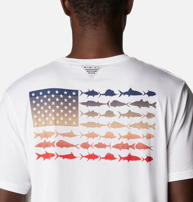 Thumbnail: Men's PFG Fish Flag Tech Short Sleeve Shirt, Color: White, Red Spark Gradient, image 5