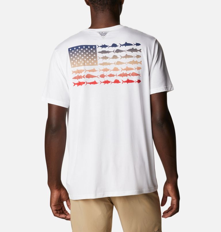 Thumbnail: Men's PFG Fish Flag Tech Short Sleeve Shirt, Color: White, Red Spark Gradient, image 1