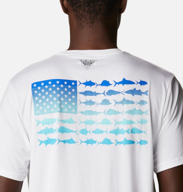 Thumbnail: Men's PFG Fish Flag Tech Short Sleeve Shirt, Color: White, Blue Macaw Gradient, image 5
