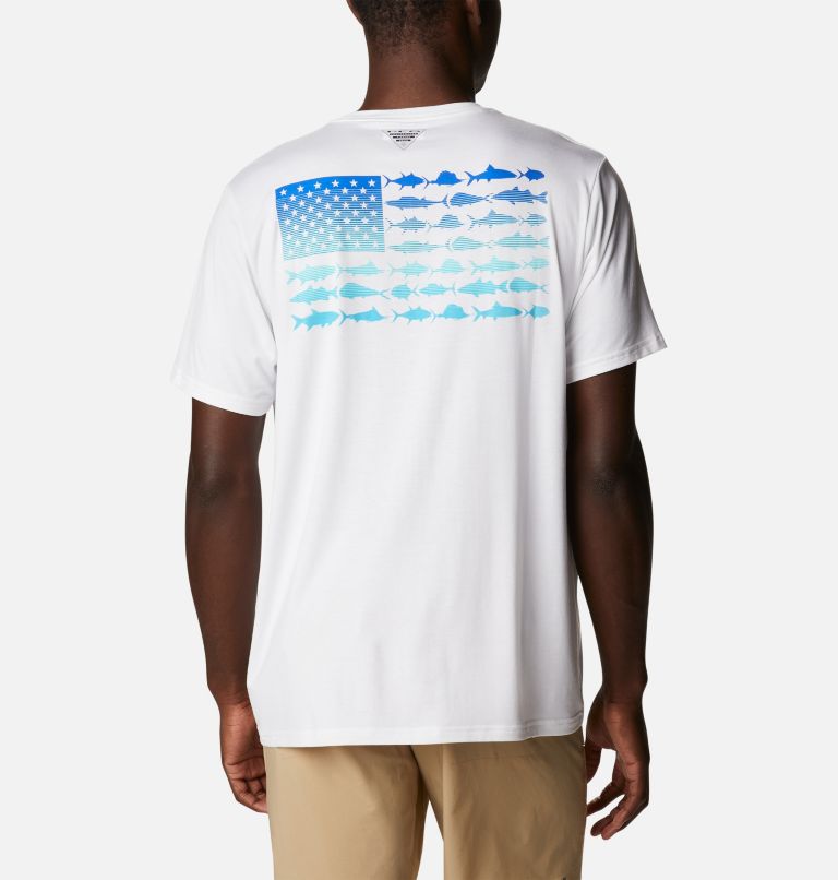 Thumbnail: Men's PFG Fish Flag Tech Short Sleeve Shirt, Color: White, Blue Macaw Gradient, image 1