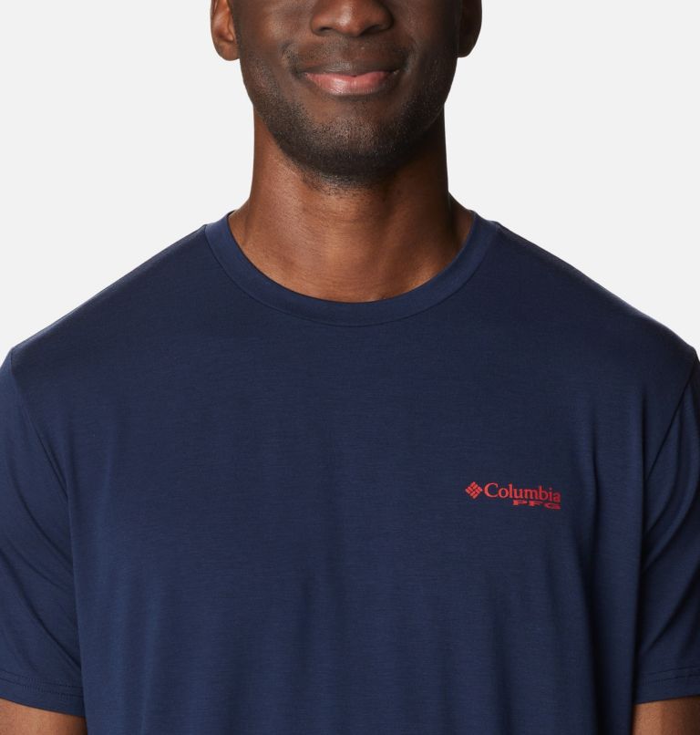 Men's PFG Fish Flag Tech Short Sleeve Shirt, Color: Collegiate Navy, Red Spark Gradient, image 4