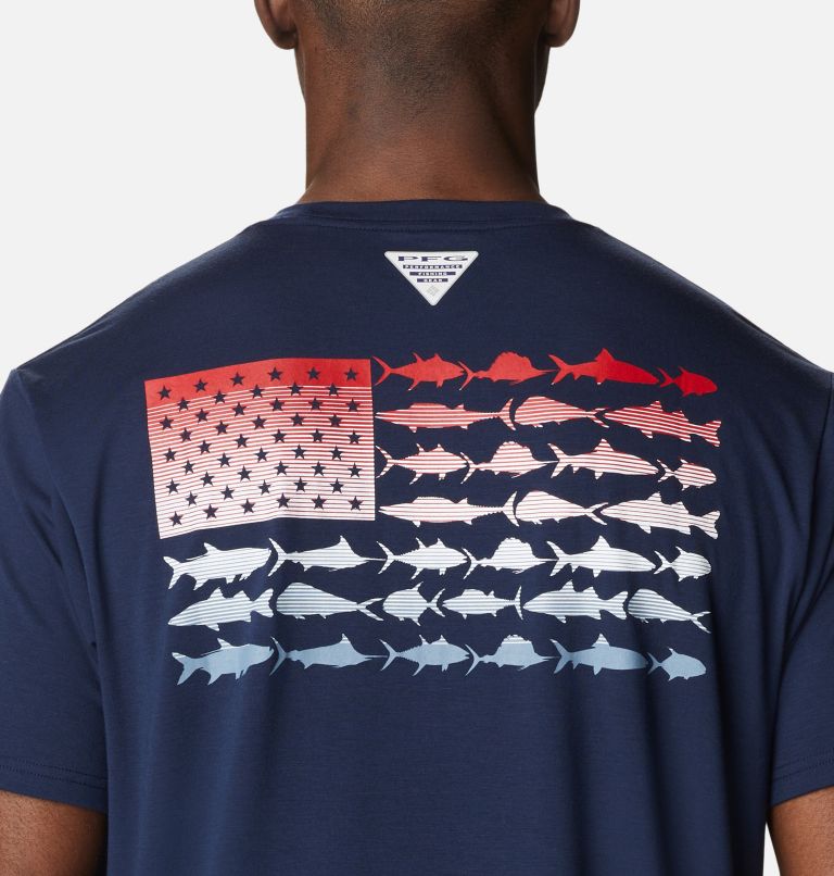 Men's PFG Fish Flag Tech Short Sleeve Shirt, Color: Collegiate Navy, Red Spark Gradient, image 5