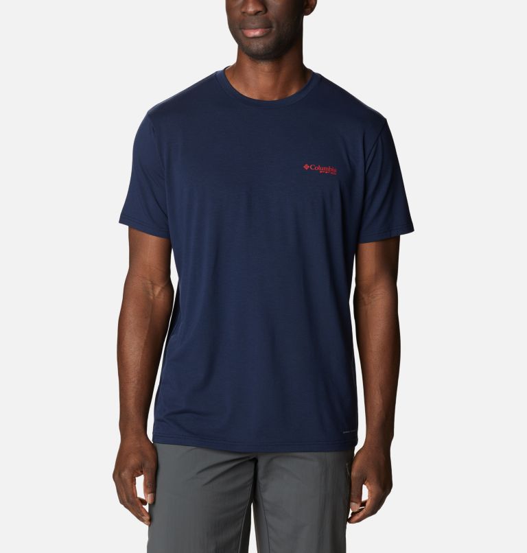 Men's PFG Fish Flag Tech Short Sleeve Shirt, Color: Collegiate Navy, Red Spark Gradient, image 2