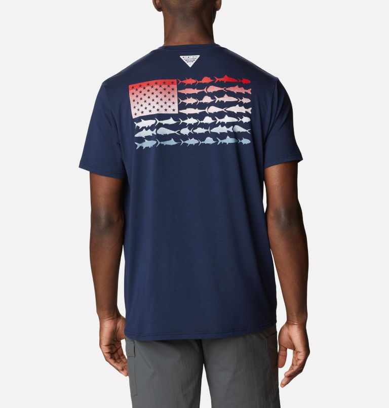 Men's PFG Fish Flag Tech Short Sleeve Shirt, Color: Collegiate Navy, Red Spark Gradient, image 1