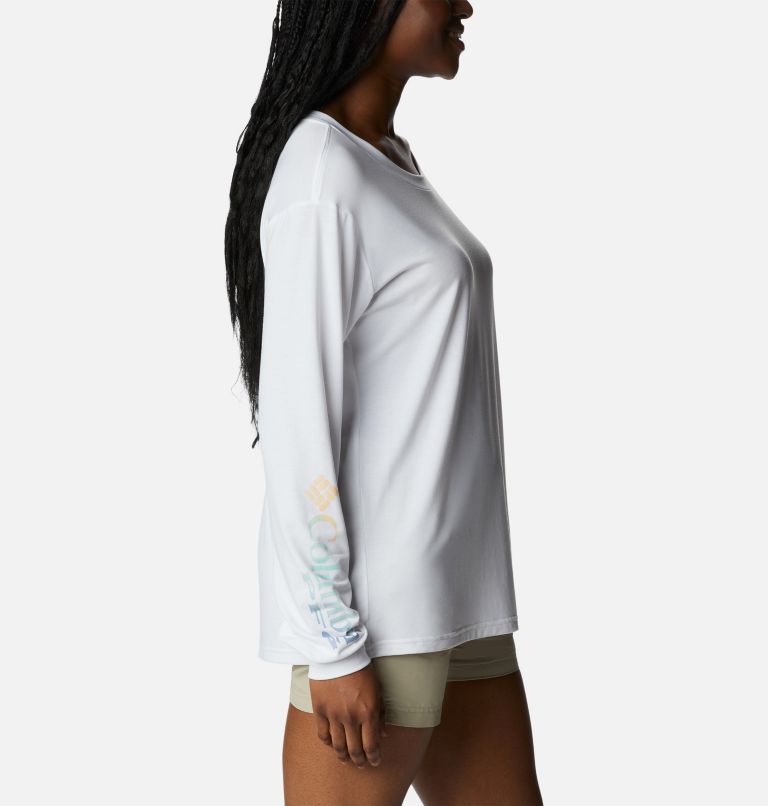 Women's PFG Slack Water Graphic Long Sleeve Shirt, Color: White, Las Palmas, image 3